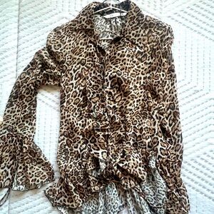 New Zara Leopard Animal Print Flare Tie Blouse Mesh Shirt